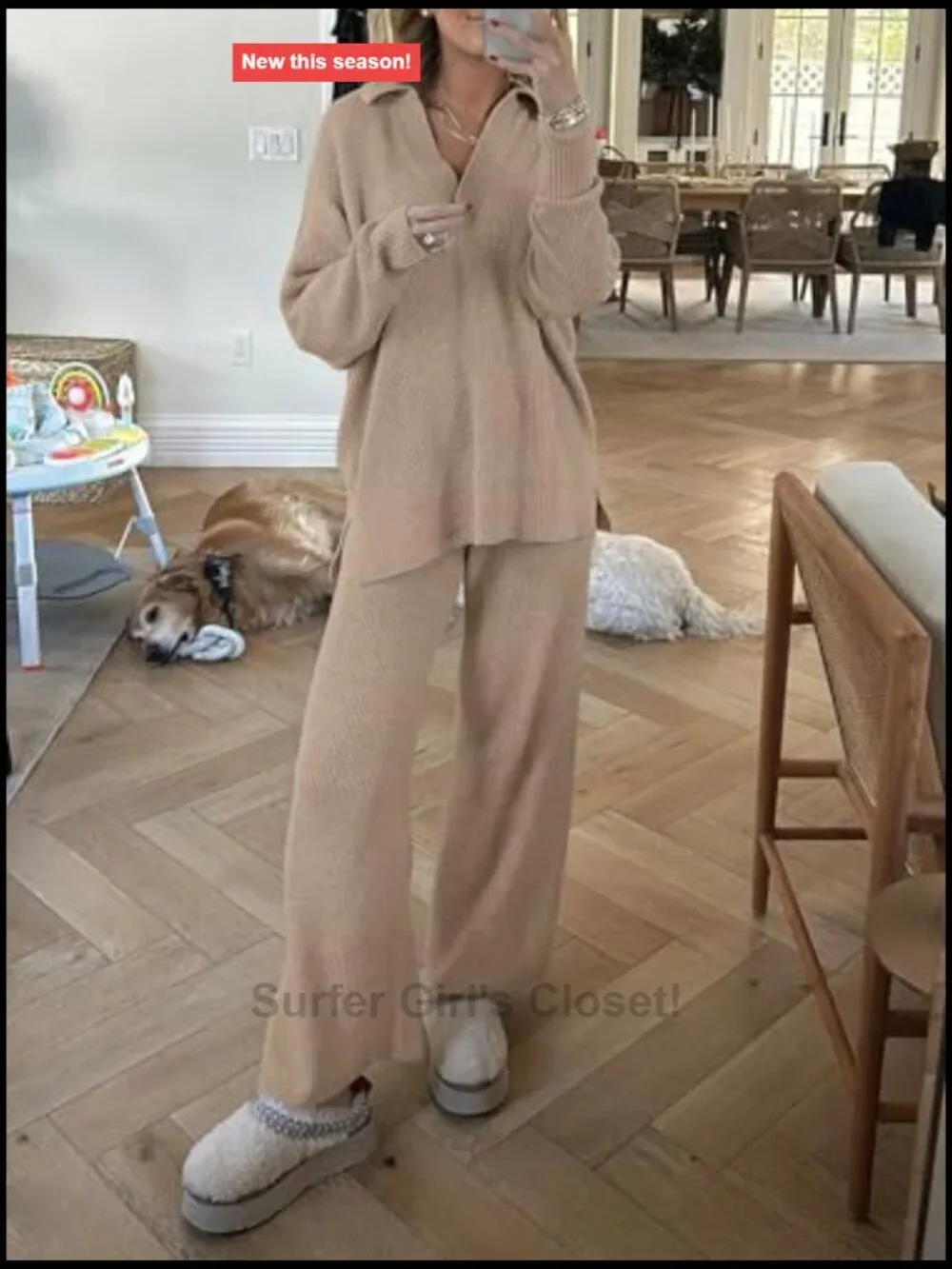 Women's Two Piece Waffle Knit Lounge Sweater Set with Wide Leg Pants